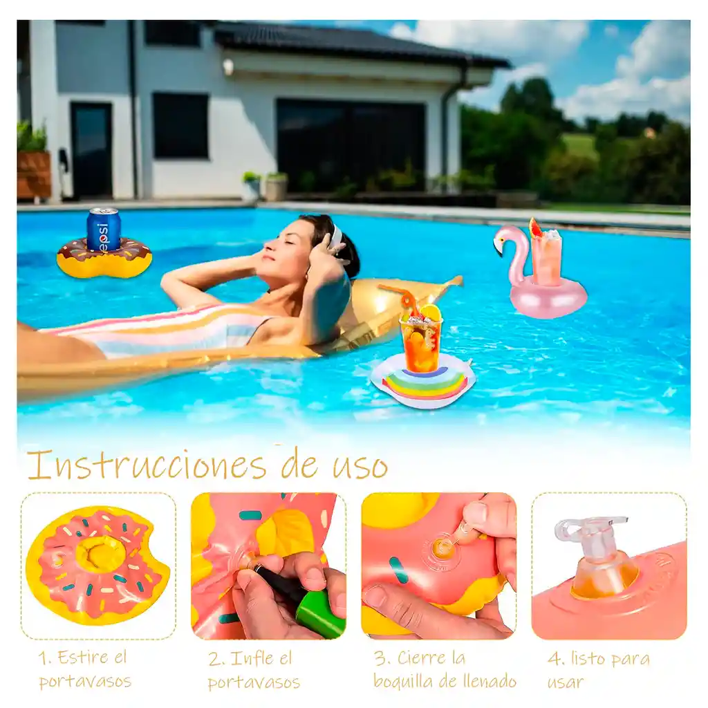 Set X12 Porta Vasos Soporte Inflable Bebidas Piscina Diseños Aleatorios