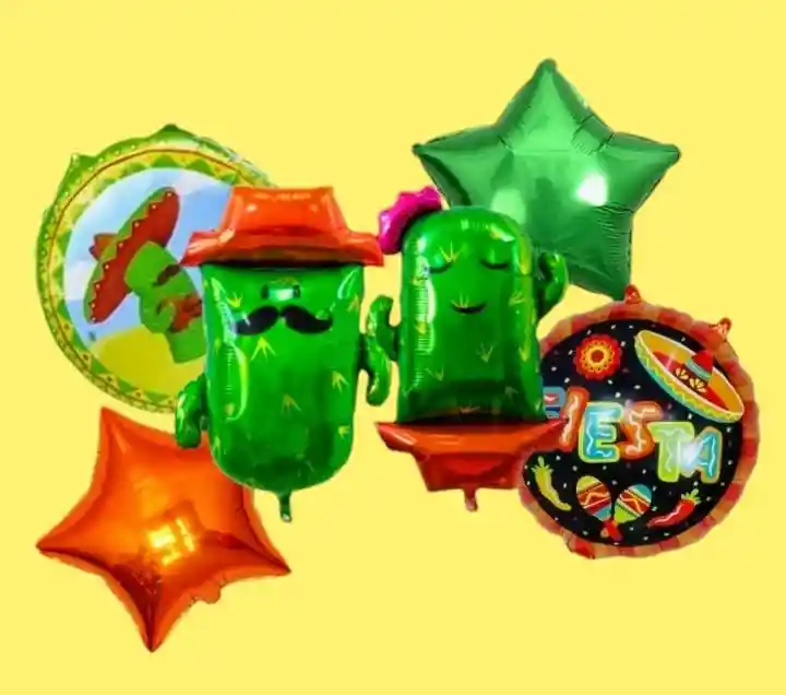 Bouquet X5 Globos Metálizados Cactus Fiesta Mexicana
