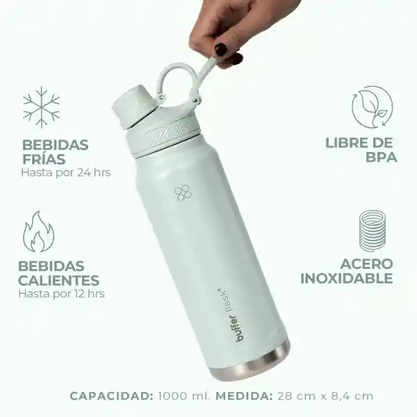 Termo Botella Termica Acero Inox Buffer 1l +tapas - Sage Green