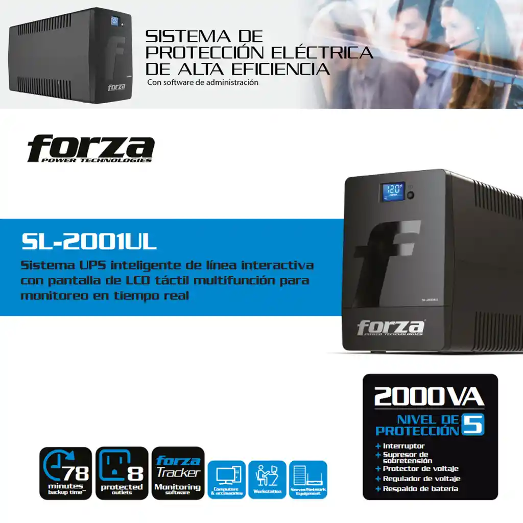 Ups Interactiva Forza Sl-2001ul, 2000va /1200w 8 Tomas ±78min