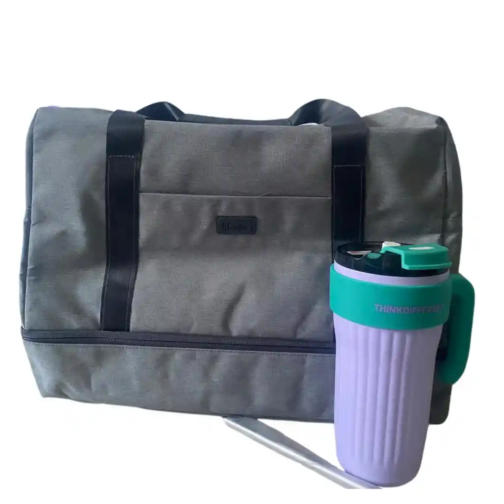 Combo Bolso Tipo Maleta + Termo Morado Y Verde