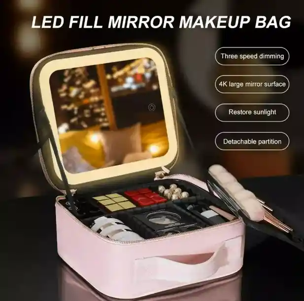 Estuche De Maquillaje Inteligente Con Espejo Y Luz Led Rosado