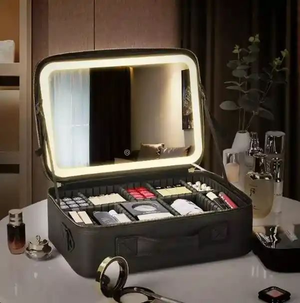 Organizador Estuche Cosméticos Grande Con Luz Led Maquillaje Negro