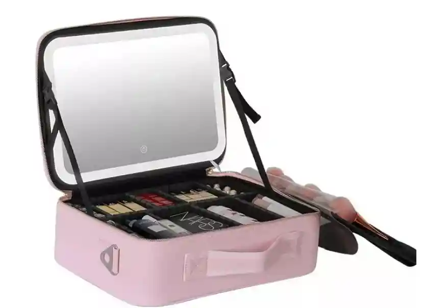 Organizador Estuche Cosméticos Grande Con Luz Led Maquillaje Rosado