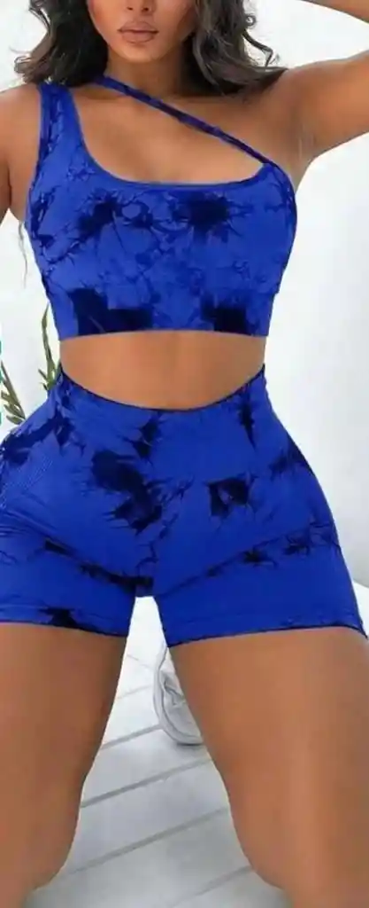 Set Conjunto Deportivo Top Y Short Levanta Glúteos Para Dama Con Color Sublimado Color Azul Oscuro