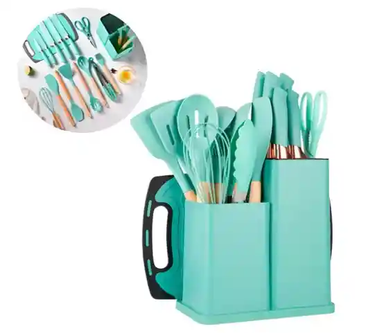 Set De Utensilios De Cocina Silicona Cuchillos Y Tabla 19pcs