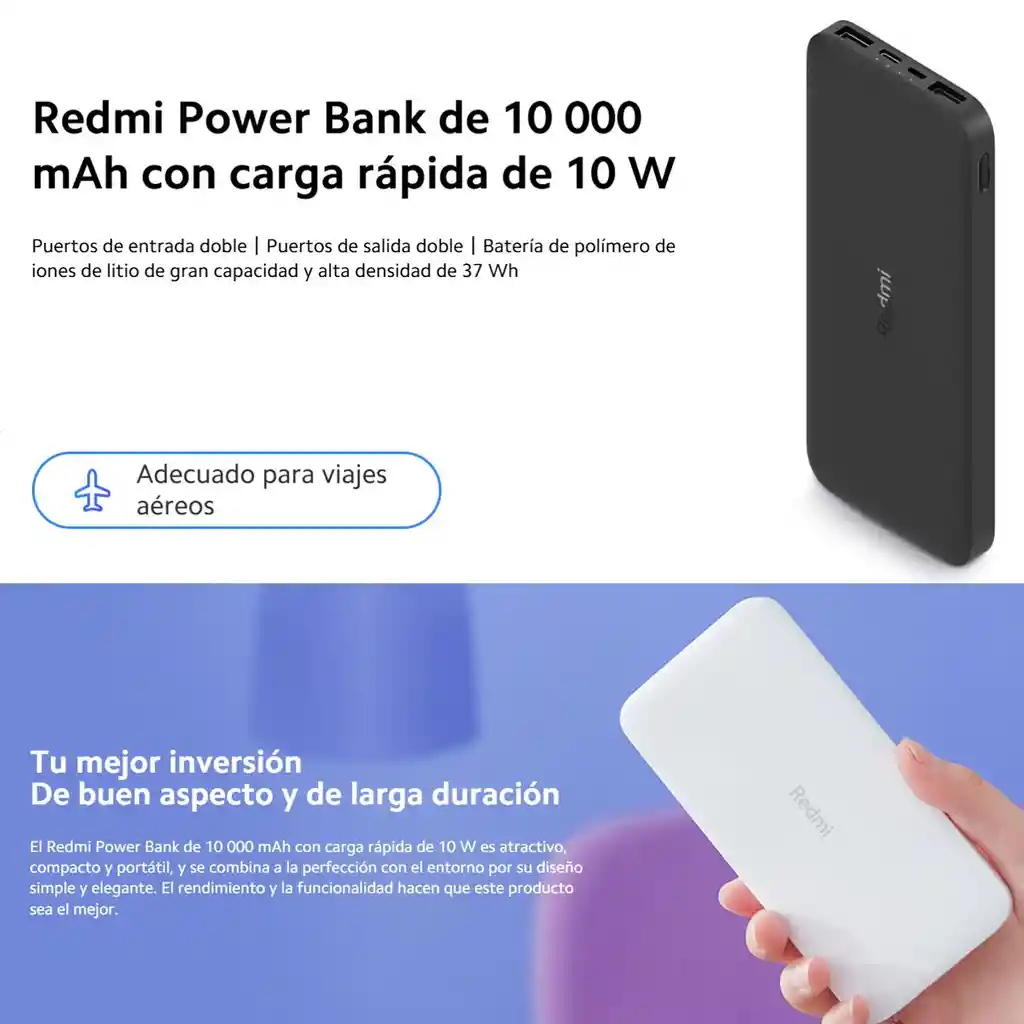 Xiaomi Redmi Power Bank 10000mah Carga Rápida 10w /37wh Usb-c