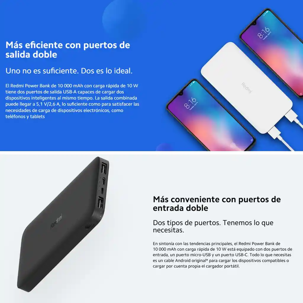 Xiaomi Redmi Power Bank 10000mah Carga Rápida 10w /37wh Usb-c