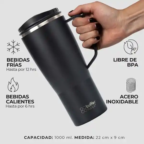 Vaso Mug Termico Agua Cafe Frio Calor 1 Lt Buffer Acero Inox - Black