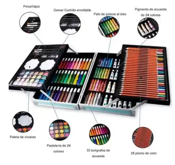 Set Completo De Arte Con 145 Piezas En Estuche Metálico Diseño Niña O Niño