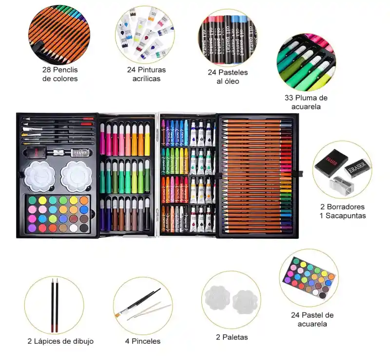 Set Completo De Arte Con 145 Piezas En Estuche Metálico Diseño Niña O Niño