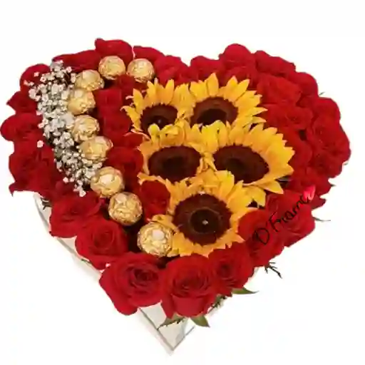 Corazón De Rosas Y Girasoles Con Chocolates
