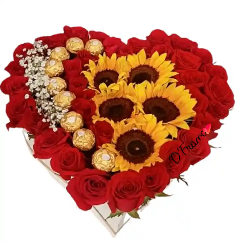 Corazón De Rosas Y Girasoles Con Chocolates