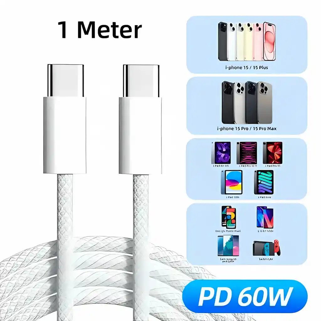 Cable Usb-c Iphone 15 Iphone 15 Pro Max 1 Metro Tejido 60w Color Azul/amarillo