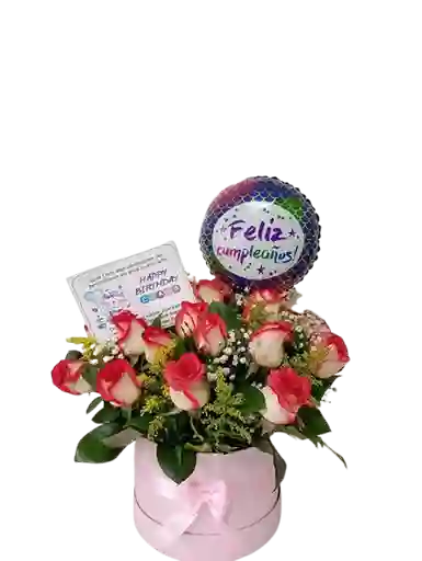 Caja De Rosas Rosadas Y Globo
