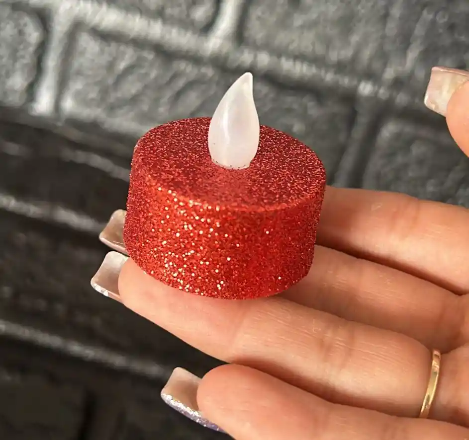 Velas / Veladora Mini Led Roja Escarchada Pilas