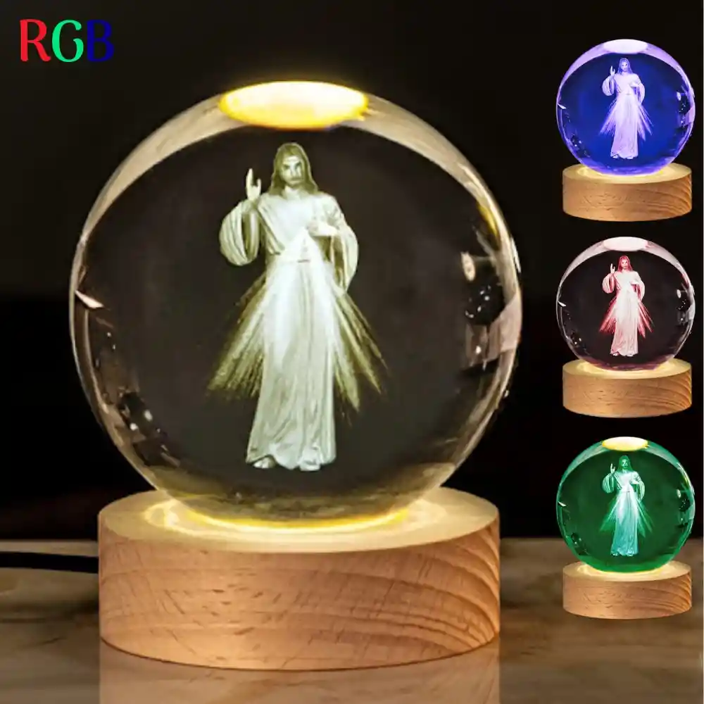 Lampara Esfera Bola De Cristal 3d Base De Madera Cristo Redentor Led Multicolor Rgb