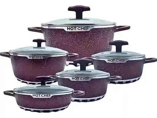 Juego De Ollas Bateria De Cocina Hot Cheff 10 Pcs Granito Color Vino Tinto