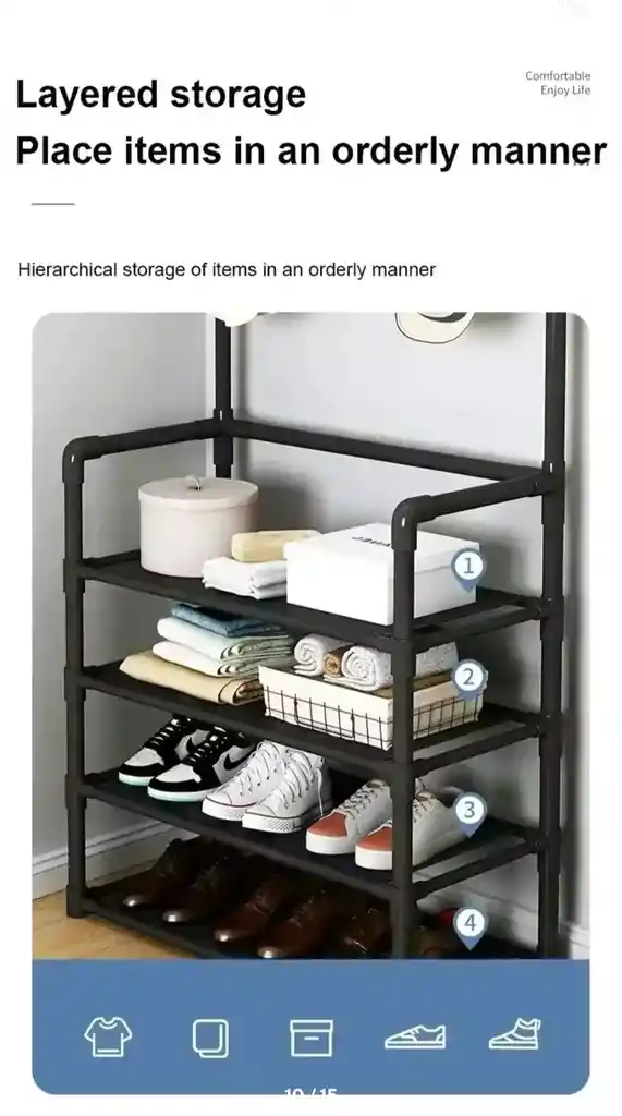 Zapatera Perchero Multi Organizador 4 Niveles Montable Rack Color Negro