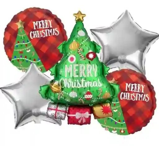 Bouquet De Globos Navideño Arbol De Navidad Con Regalos Y Estrellas X 5 Piezas