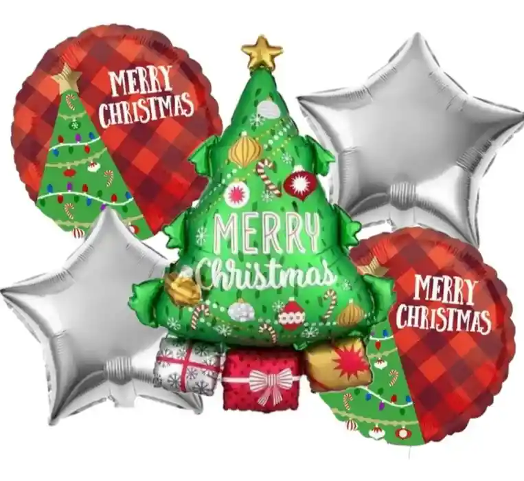 Bouquet De Globos Navideño Arbol De Navidad Con Regalos Y Estrellas X 5 Piezas