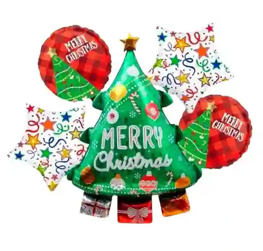 Bouquet X5 Globos Metálizados Árbol De Navidad Merry Christmas