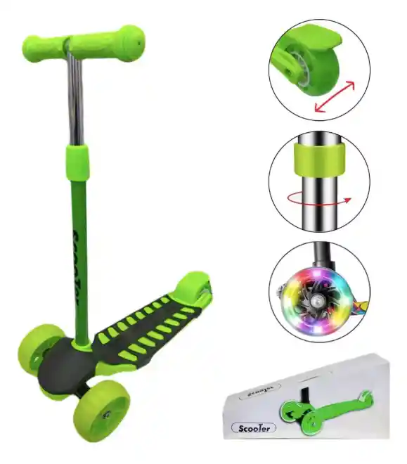 Patineta Scooter Kick And Ride De Llantas Anchas Y Luces Verde