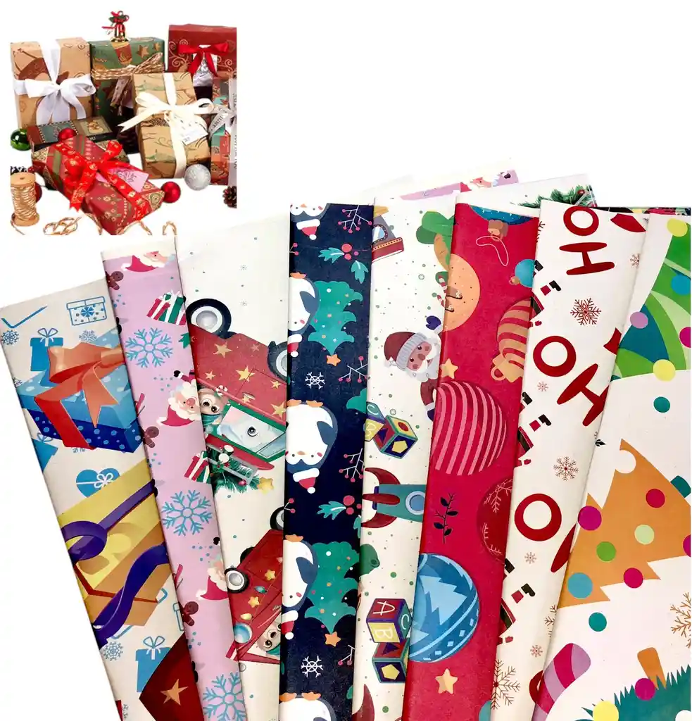 Papel Regalo X 5u Diseños Kraft Navideño Blanco Estampado Navidad