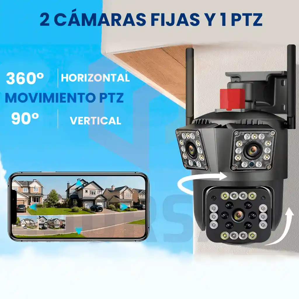 Cámara Exterior 1080p 3 En 1 Lente Triple 4g Sirenas Alarma