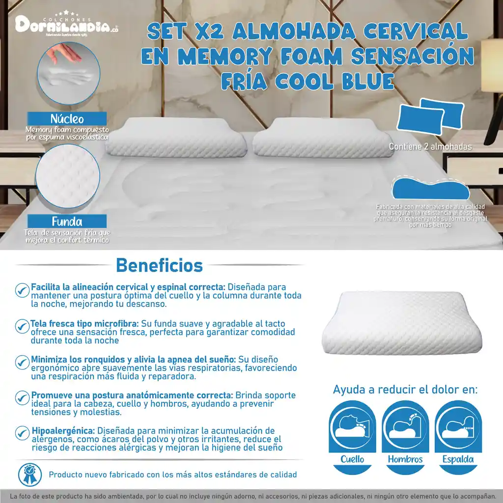 Setx2 Almohadas Cervicales En Memory Foam Sensación Fría Cool Blue