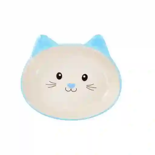 Comedero Ceramica Plano Celeste Cara Gato