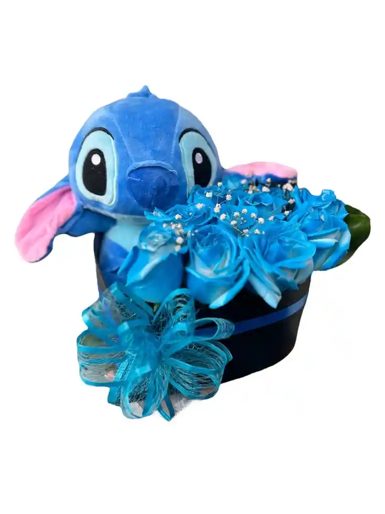 Rosas Azules Con Stitch En Caja Con Forma De Corazón