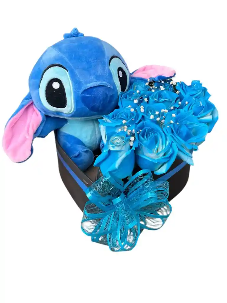 Rosas Azules Con Stitch En Caja Con Forma De Corazón