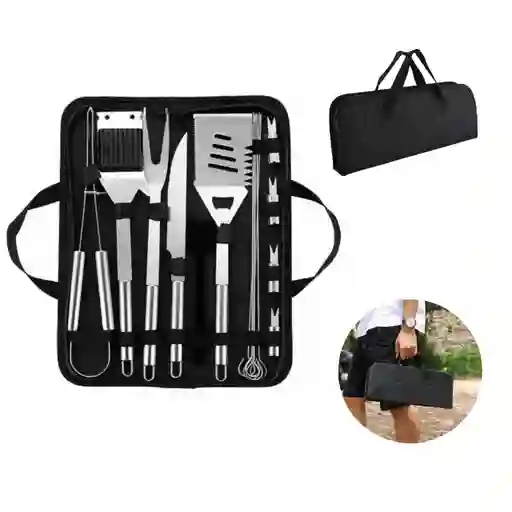 Set Parrilla Bbq 14 Piezas Utensilios De Acero Con Maletin Kit Asados Parrillero