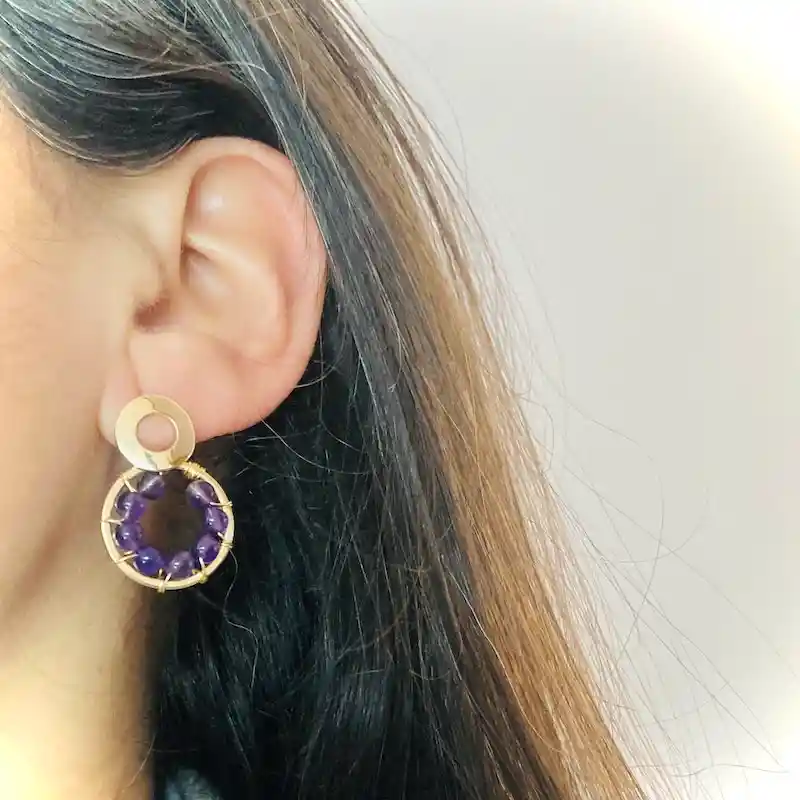 Aretes Dorados Con Piedras Amatista Natural