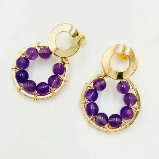 Aretes Dorados Con Piedras Amatista Natural