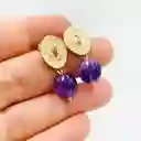 Aretes Ovalos Dorados Con Piedra Amatista