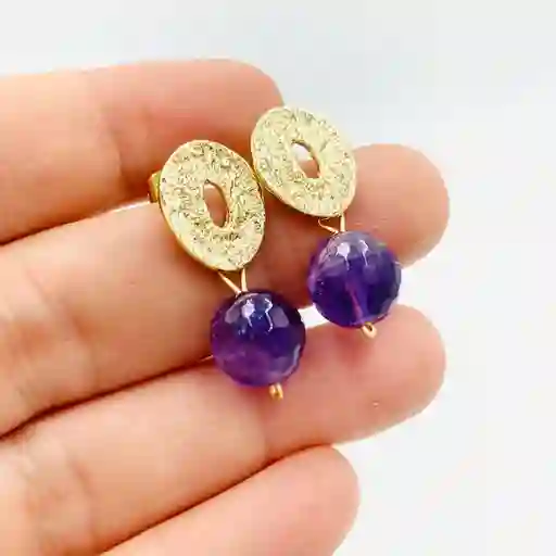 Aretes Ovalos Dorados Con Piedra Amatista