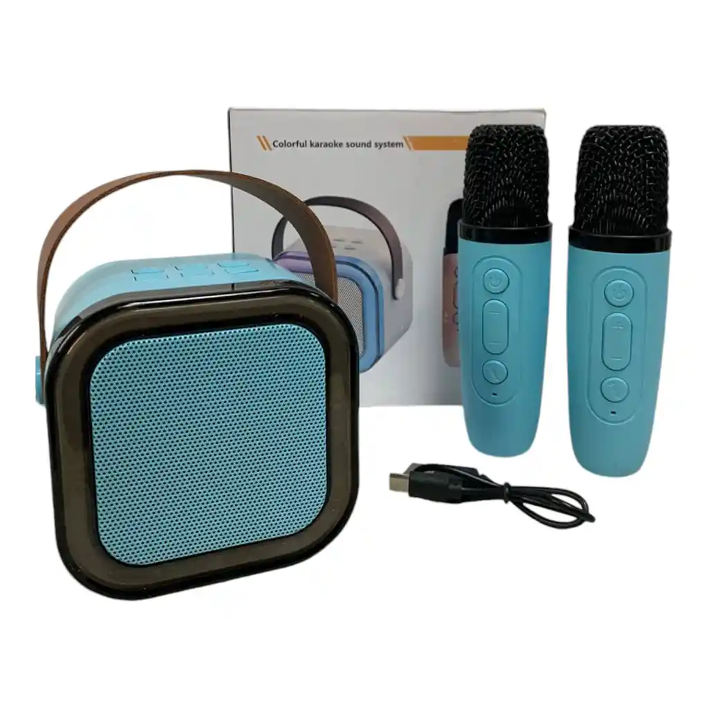 Kit Parlante Bluetooth Portátil Mini Karaoke + 2 Microfonos Azules