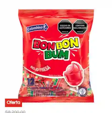 Chupeta Bon Bon Bum Sabor Fresa Con Chicle X 12 Unidades