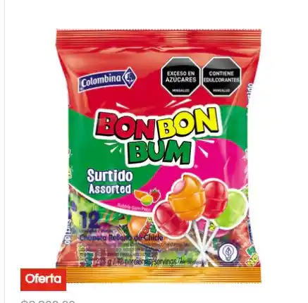 Chupeta Bon Bon Bum Con Chicle Sabores Surtidos X 12 Unidades