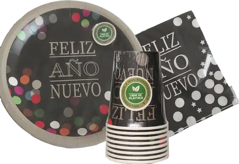 Kit De Fiesta Vasos, Platos Y Servilletas Sin Plástico Feliz Año Nuevo