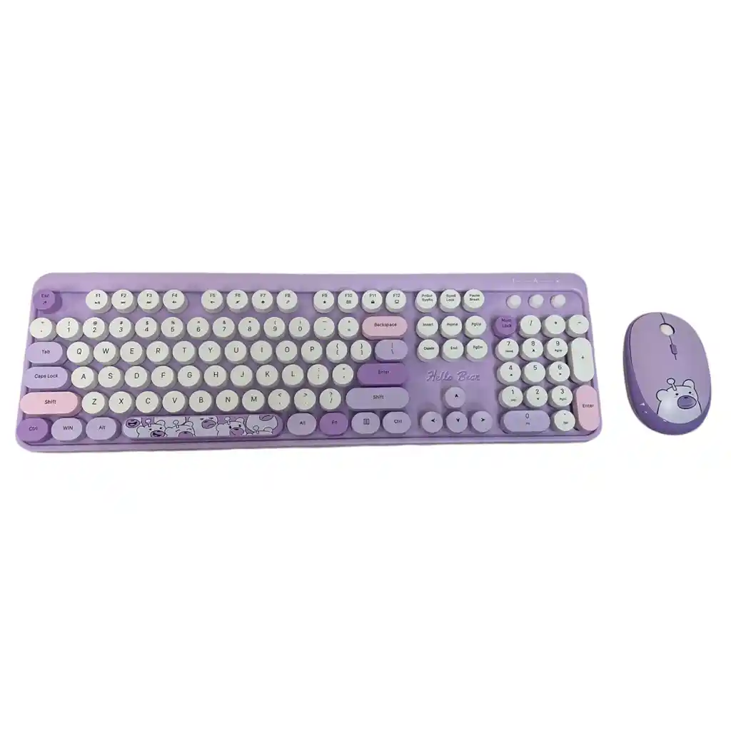 Combo Inalámbrico Teclado Y Mouse Silencioso Geezer Hello Bear Lila