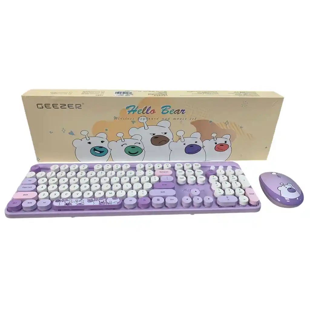 Combo Inalámbrico Teclado Y Mouse Silencioso Geezer Hello Bear Lila