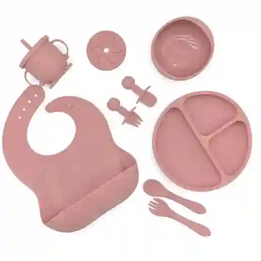 Kit Alimentación Bebe Vajilla Silicona Plato Babero 10 Pzas Rosado