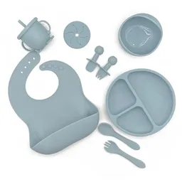 Kit Alimentación Bebe Vajilla Silicona Plato Babero 10 Pzas Azul