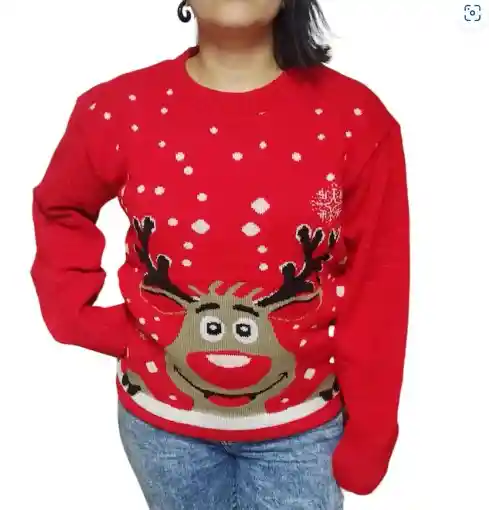Saco Rojo Con Reno Grande Navideño De Lana Para Adulto Tejido Navidad Fiestas Talla 14 - 16