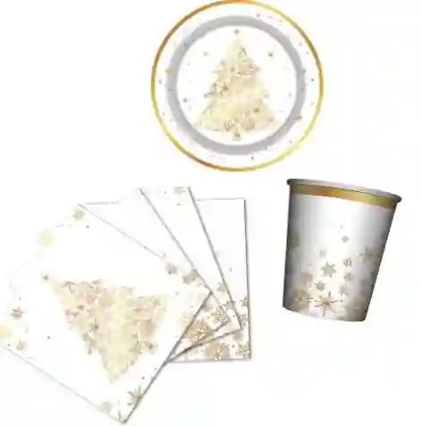 Set Platos, Vasos Y Servilletas X8 Navidad Invierno Dorado Brillante