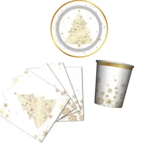 Set Platos, Vasos Y Servilletas X8 Navidad Invierno Dorado Brillante