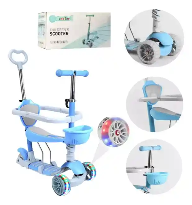 Patineta Scooter 5 En 1 Para Niños Con Sillita Azul